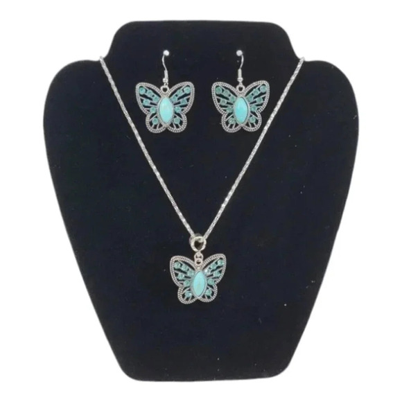 Blue Butterfly Rhinestone Earrings and Necklace Set - Picture 7 of 7